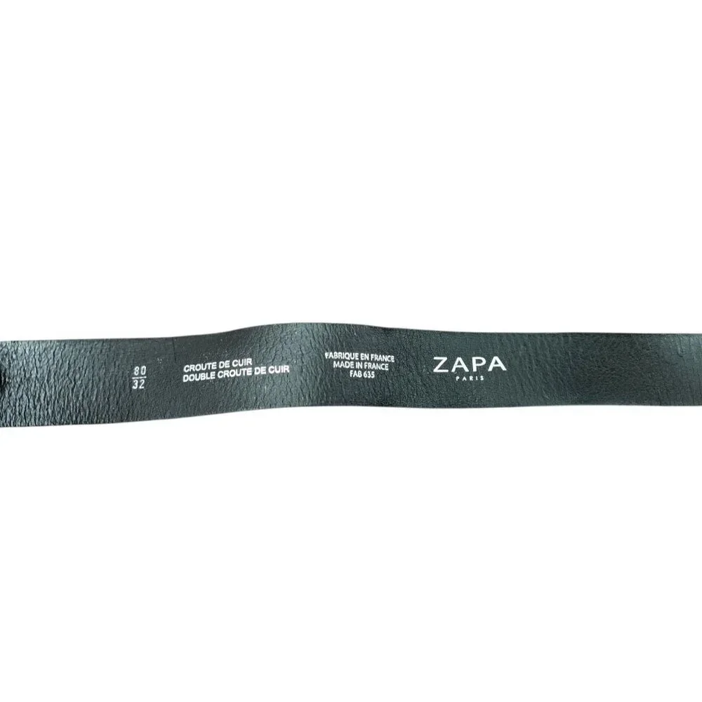 ZAPA Paris Black Leather Belt Size 80 / 32 Made in France Silver Buckle